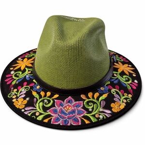 Embroidered mexican Green Fedora Hat